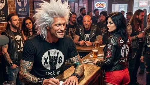 Rockstar gibt Autogramme und trägt dabei  ein Premium Rock T-Shirt von XB mit Typocore-rock it-Design.