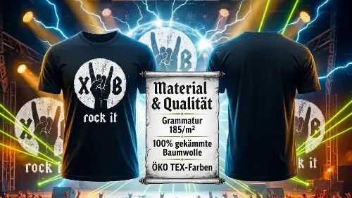 Premium Rock T-Shirt in Frontal- und Rückenansicht mit XB - rock it - Design aus 100% gekämmter Baumwolle.