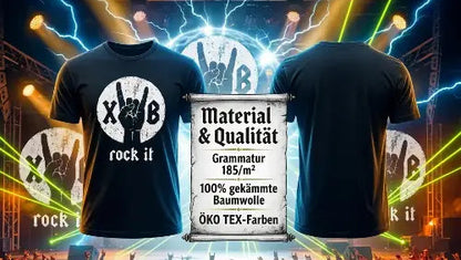 Premium Rock T-Shirt in Frontal- und Rückenansicht mit XB - rock it - Design aus 100% gekämmter Baumwolle.