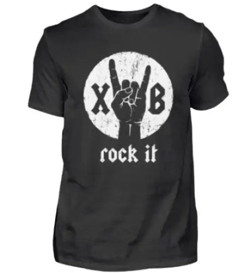 Premium Rock T-Shirt für Männer mit XB-rock it-Hand-Pommesgabel-Design.