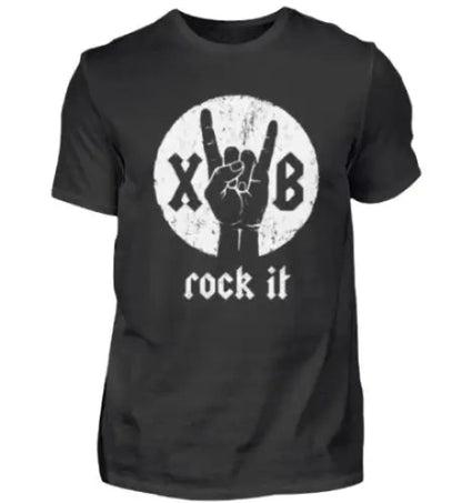 Premium Rock T-Shirt für Männer mit XB-rock it-Hand-Pommesgabel-Design.
