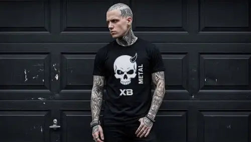 Metal-Skinhead trägt hochwertiges schwarzes Premium Rock T-Shirt aus 100 % gekämmter Baumwolle sowie einer Grammatur von 185g/m² mit einem Metal-Skull Design aus Öko-Tex zertifizierten Farben.