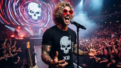 Rockstar in Concert trägt ein Premium Rock T-Shirt mit Skull-Design aus Öko-Tex zertifizierten Farben mit einer Grammatur von 185g/m² aus 100% gekämmter Baumwolle.