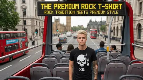 Junger Mann in Bus trägt hochwertiges Premium Rock T-Shirt aus 100 % gekämmter Baumwolle mit Skull Design aus Öko-Tex zertifizierten Farben und einer Grammatur von 185g/m².