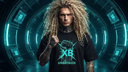 Rockiger Mann mit blonden Haaren trägt Heavyweight Premium Rock T-Shirt mit XB-Unbroken-Design und einer Grammatur von 240g/m² sowie Öko-Tex zertifizierte Farben.