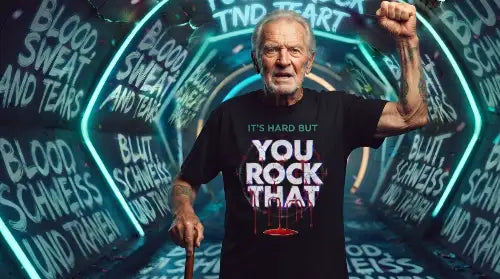 Ein alter Mann im Tunnel trägt ein hochwertiges Premium Rock T-Shirt aus 100% Bio-Baumwolle mit komplexem You Rock That Design aus Öko-Tex zertifizierten Farben und einer Grammatur von 240g/m².