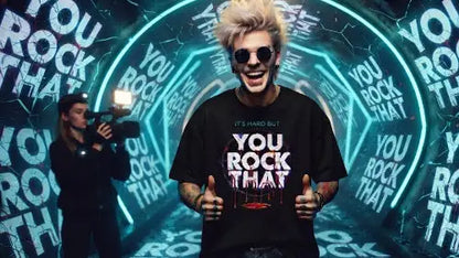 Junger Rocker im Tunnel trägt Premium Rock T-Shirt aus 100% Bio-Baumwolle mit hochwertigem You-Rock-That Design aus Öko-Tex zertifizierten Farben während eine Kamerafrau im Hintergrund filmt.