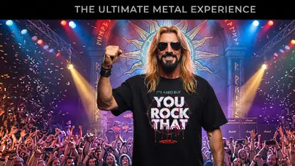 Rocker On Stage trägt hochwertiges Premium Rock T-Shirt aus 100% Bio-Baumwolle mit komplexem Design-Schriftzug: YOU ROCK THAT aus Öko-Tex zertifizierten Farben und einer Grammatur von 240g/m².