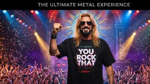 Rocker On Stage trägt hochwertiges Premium Rock T-Shirt aus 100% Bio-Baumwolle mit komplexem Design-Schriftzug: YOU ROCK THAT aus Öko-Tex zertifizierten Farben und einer Grammatur von 240g/m².