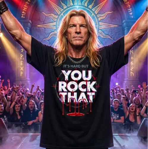 Rockstar trägt Premium Rock T-Shirt mit YOU ROCK THAT Design-Schriftzug.