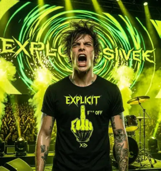 Rockstar auf Bühne trägt hochwertiges Premium Rock T-Shirt mit Neon-Gelb-Explicit-Mittelfinger Design.