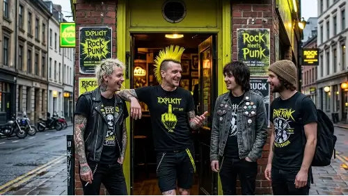 Punk-Rocker mit Freunden vor Bar trägt Premium Rock T-Shirt aus 100% gekämmter Baumwolle mit hochwertigem Stinkefinger-Design aus Öko-Tex zertifizierten Farben & einer Grammatur von 185g/m².