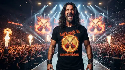Rockstar auf Bühne trägt hochwertiges Premium Rock T-Shirt aus 100% gekämmter Baumwolle mit komplexem Gitarren-Design in einer Grammatur von 185g/m² und Öko-Tex zertifizierten Farben.