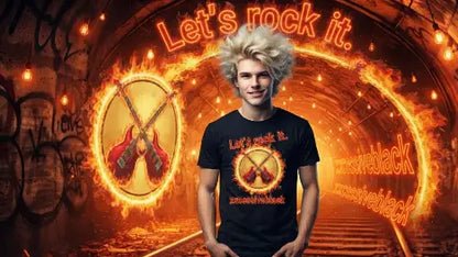 Junger Mann vor leuchtendem Tunnel trägt schwarzes Premium Rock T-Shirt aus 100% gekämmter Baumwolle mit komplexem Gitarren Design aus Öko-Tex zertifizierten Farben und einer Grammatur von 185g/m².