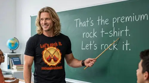 Lehrer trägt hochwertiges Premium Rock T-Shirt aus 100 % gekämmter Baumwolle und einer Grammatur von 185g/m² sowie komplexem Gitarren Design aus Öko-Tex zertifizierten Farben.
