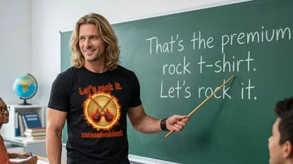 Lehrer trägt hochwertiges Premium Rock T-Shirt aus 100 % gekämmter Baumwolle und einer Grammatur von 185g/m² sowie komplexem Gitarren Design aus Öko-Tex zertifizierten Farben.