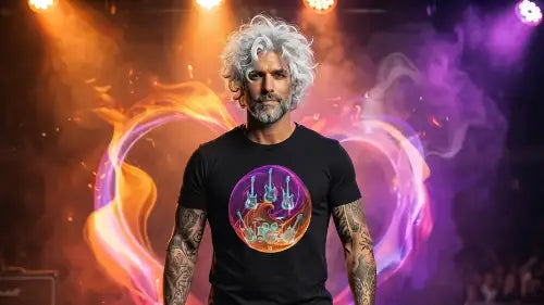 Mann trägt Premium Rock T-Shirt aus 100% gekämmter Baumwolle mit komplexem Yin & Yang-Rock-Design aus Öko-Tex zertifizierten Farben.