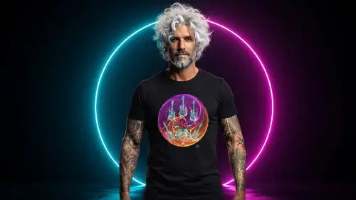 Mann trägt hochwertiges Premium Rock T-Shirt mit Yin-Yang-Design aus Öko-Tex zertifizierten Farben und einer Grammatur von 185g/m² aus 100% gekämmter Baumwolle.