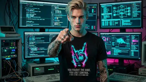 Junger Mann im Control-Center zeigt mit dem Finger in die Kamera und trägt ein schwarzes Premium Rock T-Shirt aus 100 % gekämmter Baumwolle mit komplexem Hand-Design aus Öko-Tex zertifizierten Farben und einer Grammatur von 185g/m².