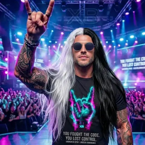 Rockstar trägt Premium Rock T-Shirt mit auffälligem Teufelshorn-Design von XB.