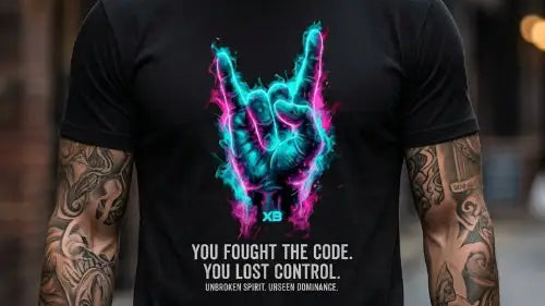 Oberkörper-Ausschnitt eines Mannes der ein schwarzes Premium Rock T-Shirt aus 100 % gekämmter Baumwolle sowie komplexem Design einer Hand mit symbolischer Rock Geste aus Öko-Tex zertifizierten Farben mit einer Grammatur von 185g/m² trägt.