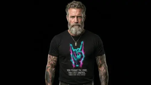 Reifer Mann mit grauem Bart trägt schwarzes Premium Rock T-Shirt mit einem komplexem Hand-Rock Design aus Öko-Tex zertifizierten Farben und einer Grammatur von 185g/m² aus 100 100 % gekämmter Baumwolle.
