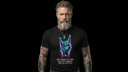 Reifer Mann mit grauem Bart trägt schwarzes Premium Rock T-Shirt mit einem komplexem Hand-Rock Design aus Öko-Tex zertifizierten Farben und einer Grammatur von 185g/m² aus 100 100 % gekämmter Baumwolle.
