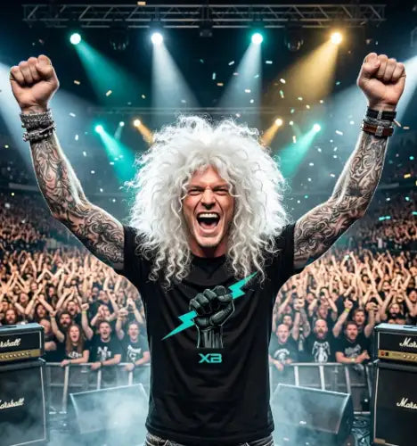 Rockmusiker bei Konzert trägt das Premium Rock T-Shirt UNYIELDING SPIRIT von XB mit hochwertigem Faust-Blitz Design.