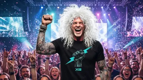Rockstar umgeben von Fans trägt Premium Rock T-Shirt aus 100% gekämmter Baumwolle mit hochwertigem Faust-Blitz Design von XB in einer Grammatur von 185g/m² & Öko-Tex zertifizierten Farben.