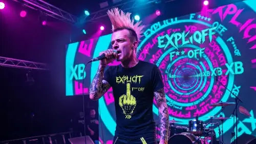 Punk trägt hochwertiges Premium Rock T-Shirt mit einer Grammatur von 185g/m² aus 100% gekämmter Baumwolle mit komplexem Stinky-Finger-Design aus Öko-Tex zertifizierten Farben.
