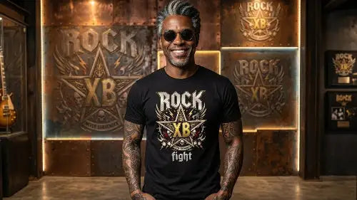Rockiger reifer Mann in Galerie trägt ein hochwertiges schwarzes Premium Rock T-Shirt mit komplexem XB-Stern Design aus Öko-Tex zertifizierten Farben in einer Grammatur von 185g/m² aus 100 % gekämmter Baumwolle.