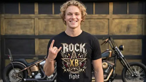 Mann vor einer Halle mit Motorrädern trägt hochwertiges schwarzes Premium Rock T-Shirt aus 100 % gekämmter Baumwolle mit Rock-Fight-Sternen Design von XB aus Öko-Tex zertifizierten Farben sowie einer Grammatur von 185g/m².