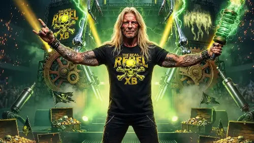 Rocker in einer Filmkulisse trägt Premium Rock T-Shirt aus 100% gekämmter Baumwolle mit komplexem Design eines Skull und dem Schriftzug: THE REAL REBEL.