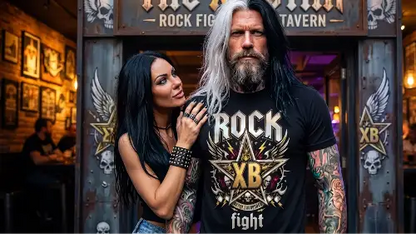 Rocker mit Freundin vor einer Bar trägt ein Premium Rock T-Shirt aus 100% gekämmter Baumwolle mit komplexem  Rock-Stern-Design aus Öko-Tex zertifizierten Farben und einer Grammatur von 185g/m².
