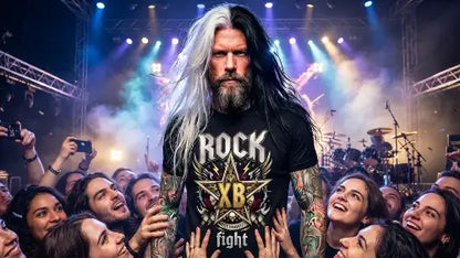Rockstar umringt von Fans trägt hochwertiges Premium Rock T-Shirt aus 100% gekämmter Baumwolle mit komplexem Rock-XB Design aus Öko-Tex zertifizierten Farben und einer Grammatur von 185g/m².