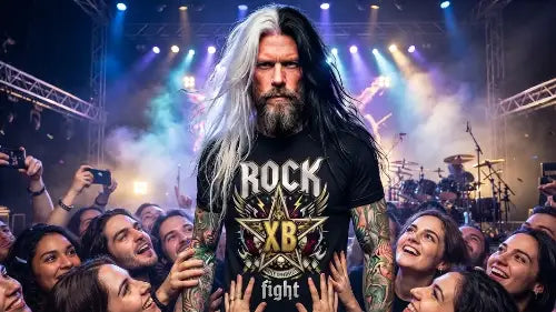 Rockstar umringt von Fans trägt hochwertiges Premium Rock T-Shirt aus 100% gekämmter Baumwolle mit komplexem Rock-XB Design aus Öko-Tex zertifizierten Farben und einer Grammatur von 185g/m².