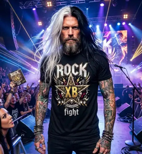 Außergewöhnlicher Mann trägt Premium Rock T-Shirt mit komplexem Sternen Design von XB.