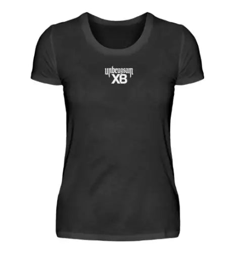 Schwarzes Premium Rock T-Shirt für Frauen mit unbeugsam-XB-Print.