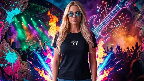 Junge Frau mit langen blonden Haaren und Sonnenbrille trägt schwarzes Premium Rock T-Shirt aus 100 % gekämmter Baumwolle sowie einer Grammatur von 185g/m² und hochwertigem XB-Unbeugsam Design aus Öko-Tex zertifizierten Farben.
