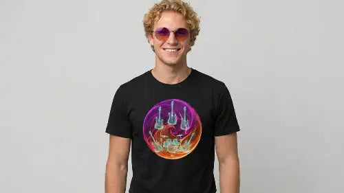 Lächelnder Mann mit Sonnenbrille und schwarzem Premium Rock T-Shirt mit leuchtendem Neon-Musik-Design (Gitarren und Schlagzeug).