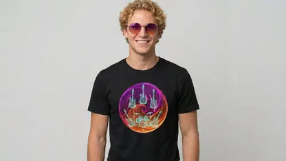 Lächelnder Mann mit Sonnenbrille und schwarzem Premium Rock T-Shirt mit leuchtendem Neon-Musik-Design (Gitarren und Schlagzeug).