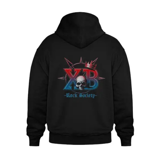 Rücken-Ansicht,Rock Hoodie für Männer und Frauen der Premium Unisex Hoodie hat eine hochwertigen Digital-Druck eines Totenkopfes sowie den Buchstaben XB und eine Krone sowie den Schriftzug Rock Society.Der schwarze Unisex Hoodie hat einen kantigen Schnitt.