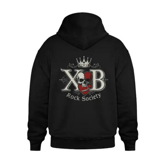 Rücken-Ansicht, Rock Hoodie, Unisex Hoodie.Der schwarze Pemium Hoode hat einen hochwertige Digital-Direkt-Druck eines Skull mit Krone und den Buchstaben XB.Das Design ist in weiß/rot gehalten.