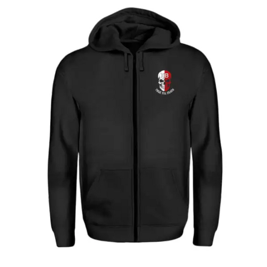 Rockiger Zip Hoodie, Hoodie Zipper mit einem hochwertigen Druck im linken oberen Brustbereich eines Totenkopfes und dem Wortlaut true till death. Der Unisex Zipper ist schwarz und hat einen geraden Schnitt.