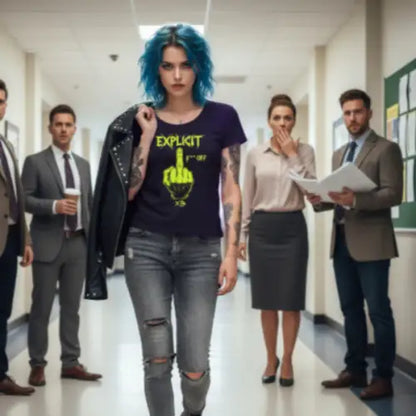 Junge Frau geht an Lehrern vorbei und trägt ein Premium Rock T-Shirt für Frauen mit dem Design-Explizit F...Off.