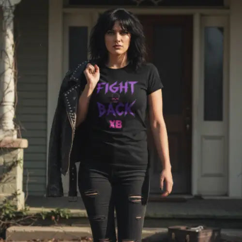 Eine Frau verlässt zielstrebig das Haus. Sie trägt ein Premium Rock T-Shirt für Frauen mit Fight-Back-Design.