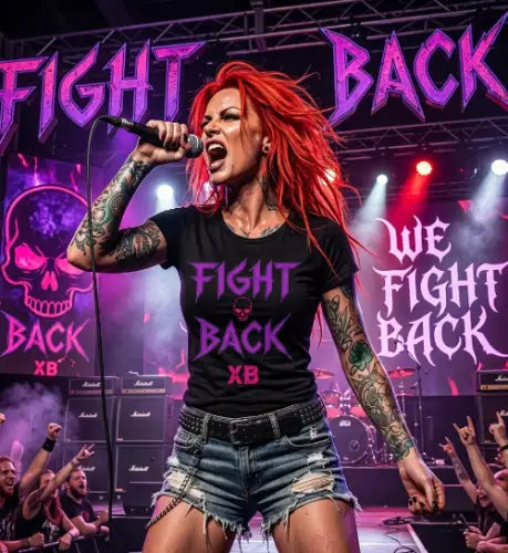 Rocksängerin trägt Premium Rock T-Shirt mit Typocore Fight Back Design von XB.