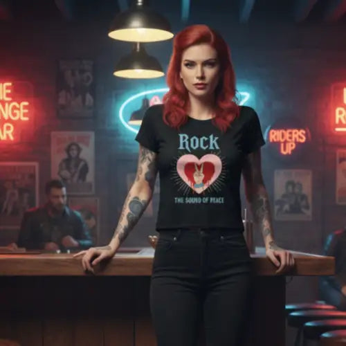 Frau mit roten Haaren in einer Bar trägt ein Premium Rock T-Shirt für Frauen mit dem komplexen Design eines Herzens und dem Wort Rock.
