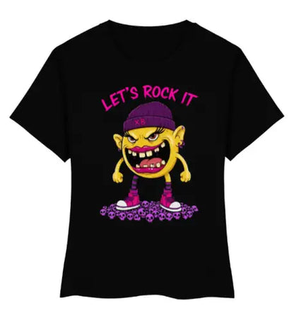 Schwarzes Premium Rock T-Shirt für Frauen aus 100% Bio-Baumwolle mit komplexem Design-Smiley aus Öko-Tex zertifizierten Farben.