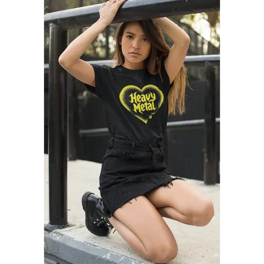 Model trägt ein Rock T-Shirt für Frauen mit Heavy-Metal-Heart-Design.